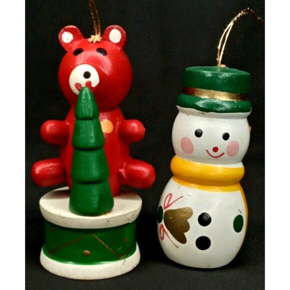 Vintage Christmas Ornament Set Of 2 Wood Snowman & Bear Handpainted 1980s - Picture 1 of 7